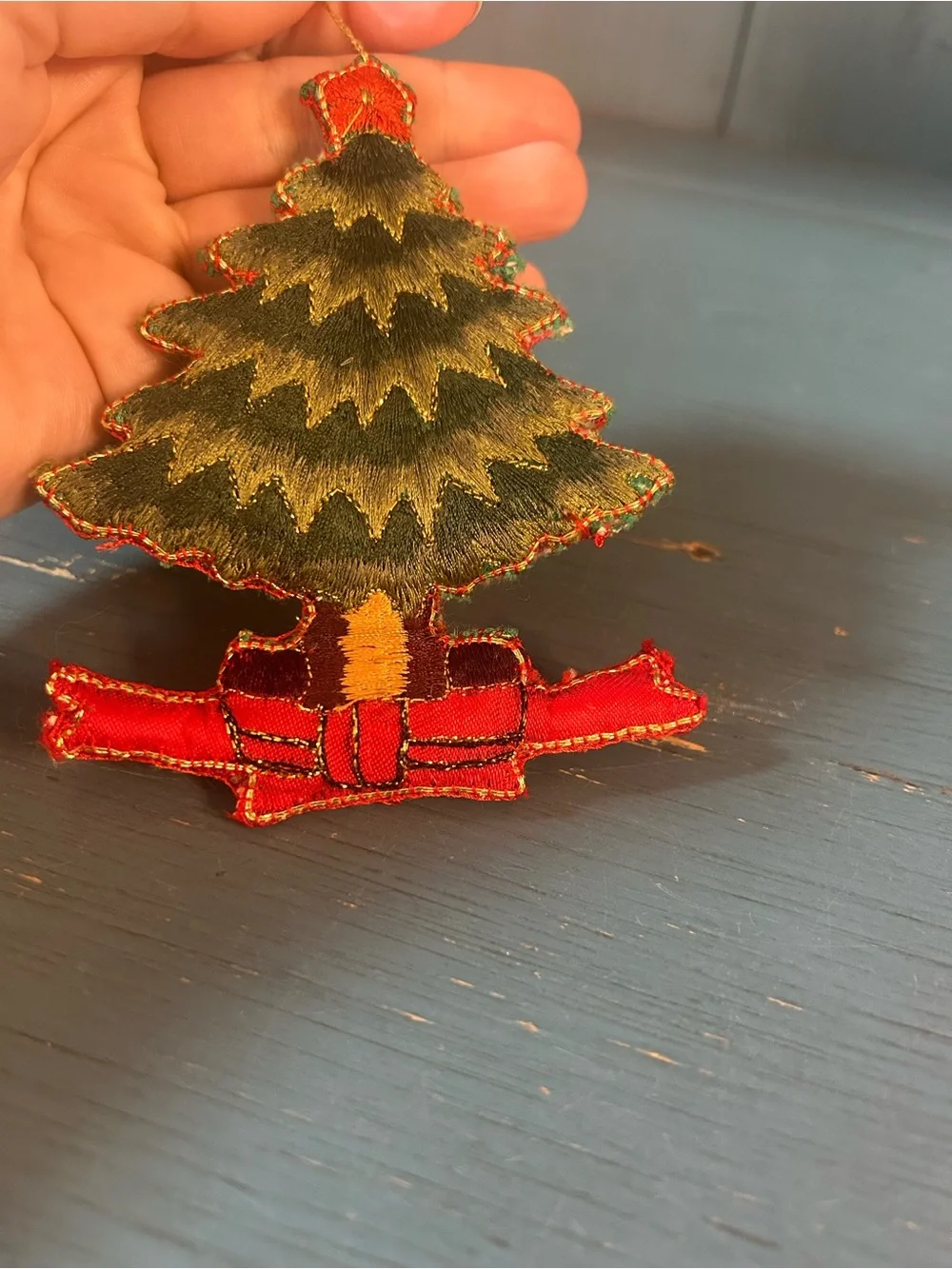 Handmade Green and Red Embroidered Christmas Tree Ornament w/Gold Stitching